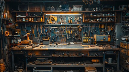 Fototapeta premium A cinematic photograph of a metalworker's workbench, perfectly placed metalworking tools, golden hour light enhancing details, rich textures of tools and metal surfaces, focus on central tools,