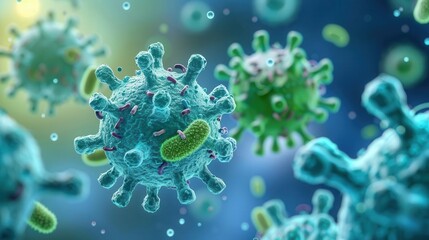 Obraz premium Microscopic view of bacteria being eradicated by disinfectant, sci-fi, blue and green, 3D render, showcasing the effectiveness of cleaning products