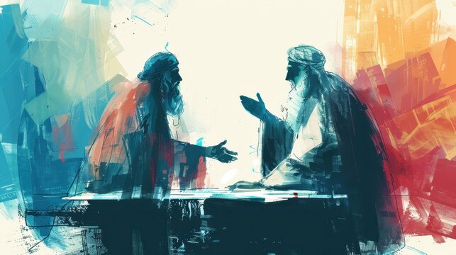 Genesis,The Sacrifice of Isaac:Minimalist modern sketch of Abraham and Isaac embracing, bold pencil lines on soft beige boho background biblical illustration, perfect for inspirational wall art.