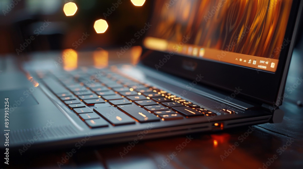 Poster a laptop keyboard with illuminated keys in a dimly lit environment, showcasing the glow and ambiance