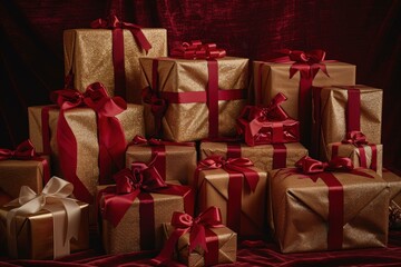 A festive array of luxurious Christmas presents in various sizes, wrapped in shimmering gold and deep red papers. Each box is adorned with elegant ribbons and bows, arranged artfully on a velvet backd