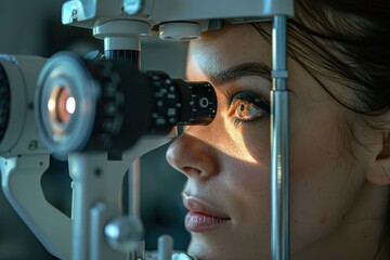 A patient undergoing a modern eye exam, highlighting focused vision, in observance of Cataract Awareness Month. This scene represents an ophthalmology concept.



