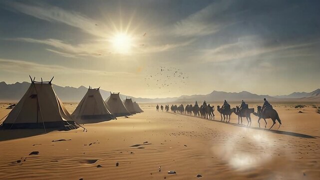 Video illustration of a desert nomad camp with a long line of camels in the heat of the sun. 4K video animation
