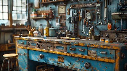 A cinematic photograph of a plumber's workbench, perfectly placed plumbing tools, golden hour light enhancing details, rich textures of tools and workbench, focus on central tools,