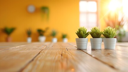 Fototapeta premium Wooden Table with Succulents and Sunlight.