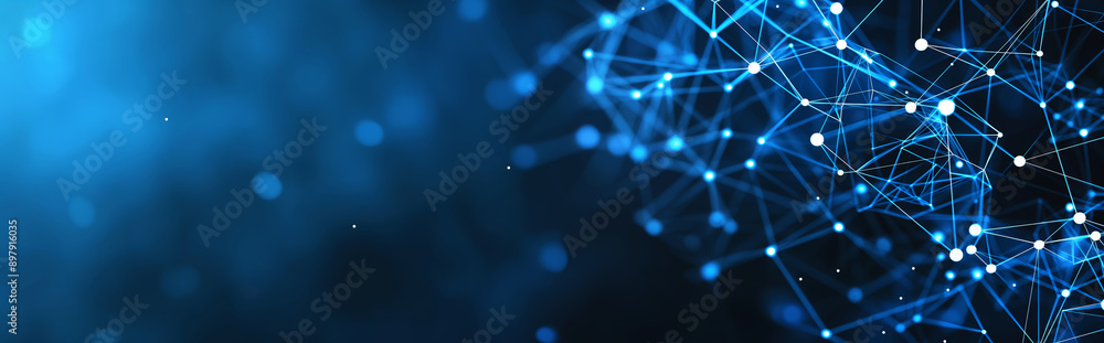 Poster abstract digital network connection dots blue banner with copy space, cloud cyber technology computi