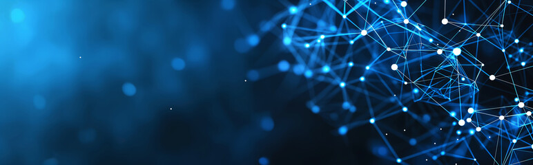Abstract Digital Network Connection Dots Blue Banner With Copy Space, Cloud Cyber Technology Computing Concept