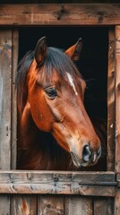 A brown horse looks out from its wooden stall door in a stable, capturing a serene rural farm scene.








