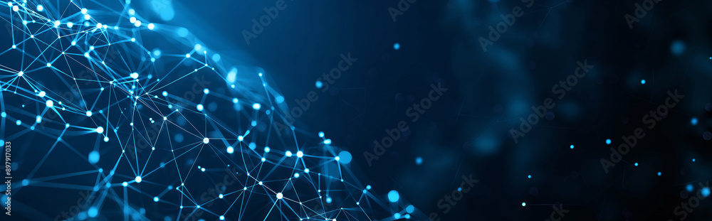 Poster abstract digital network connection dots blue banner with copy space, cloud cyber technology computi