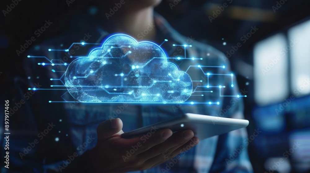 Wall mural a person holding a tablet displaying a glowing cloud symbol, representing digital connection and clo