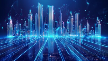 Futuristic city skyline with glowing skyscrapers and vibrant blue light rays, evoking a sense of technology and innovation.