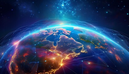 A stunning view of Earth from space, showcasing vibrant colors and illuminated connections across the globe, symbolizing global networking.