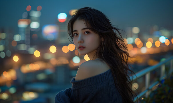 夜景と女性
