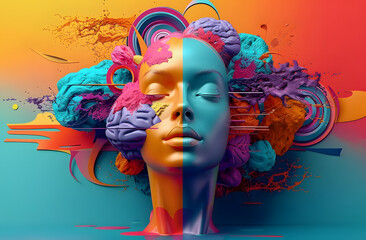 A vibrant 3D render showcasing a colorful creative concept illustration of a human face.