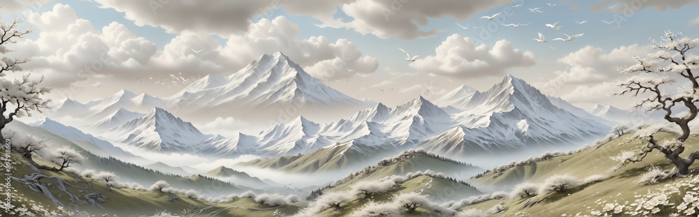 Poster 3d rendering landscape mountain range background is made up diff