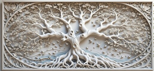 Square-shaped panel white background center there is large tree