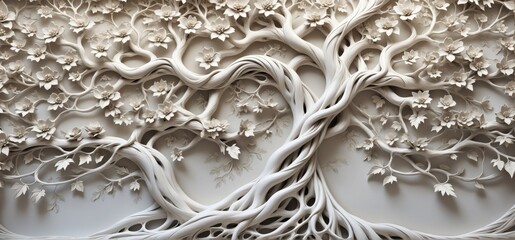 Close-up wall decoration tree is made white plaster has intricat