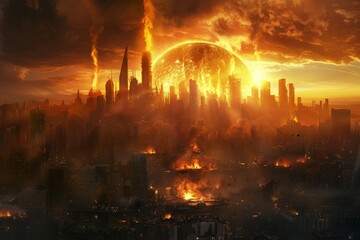 Obraz premium Apocalyptic Cityscape with Fiery Sun.