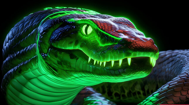 a green glowing snake with glowing eyes
