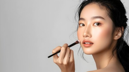 Obraz premium Alluring Asian Model Applying Makeup in Beauty Tutorial Pose with Clean Minimalist Backdrop