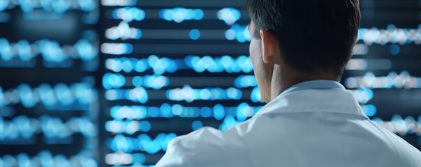 A scientist analyzes data on a modern display, showcasing advanced technology in research and development within a lab setting.