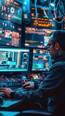 Obraz premium Focused professional operates high-tech equipment in a modern control room, monitoring data and managing systems.