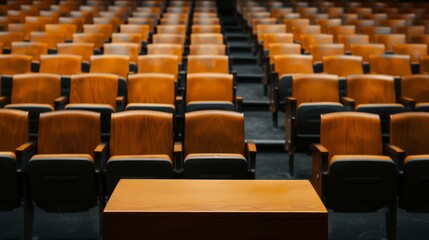 Fototapeta premium A large auditorium with rows of chairs and a podium
