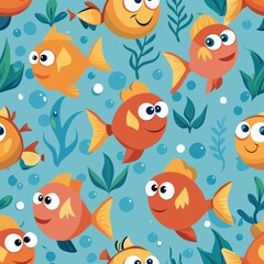 Fototapeta premium seamless pattern of underwater scene with cute cartoon fish and seaweed, Generative AI