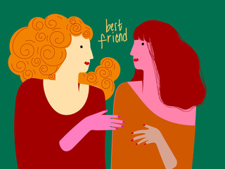 Cute cartoon girls character colorful on vintage, retro style vector illustration. Friendship relation people.