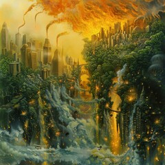 A surreal landscape depicting a blend of city and nature in flames, highlighting the contrast between urban life and the wild.