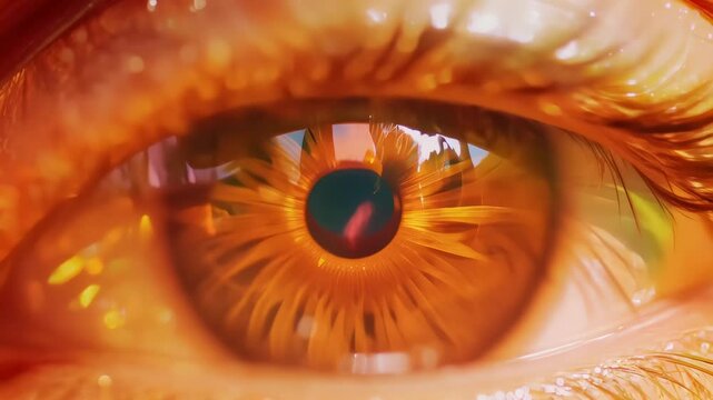 Extreme close-up: Human eye with vibrant amber iris. Eyelashes flutter against warm golden light. Intricate iris patterns revealed. Pupil reflects rich, warm hues reminiscent of Marrakech sunset.	