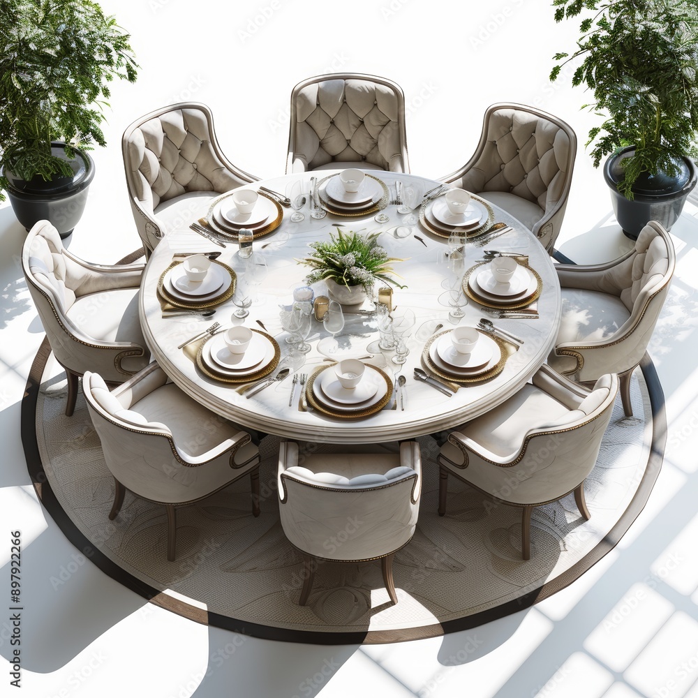 Aufkleber elegant 3d isometric design of a luxurious dining table set with chairs and tableware in a modern se