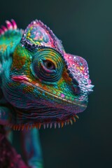 Obraz premium A vibrant chameleon displays its colorful scales, showcasing its unique patterns and textures in stunning detail.