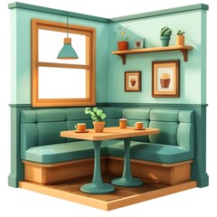 Cozy 3D Isometric Cafe Corner with Modern Furniture and Greenery - Perfect for Interior Design and Architectural Visualization