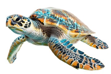 Fototapeta premium A majestic sea turtle gracefully swims against a pure white background, with its intricate shell patterns and gentle eyes capturing the ancient beauty of marine life.
