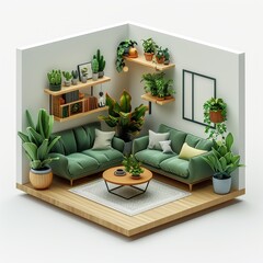 Modern 3D Isometric Design of a Cozy Living Room with Green Plants and Minimalist Furniture