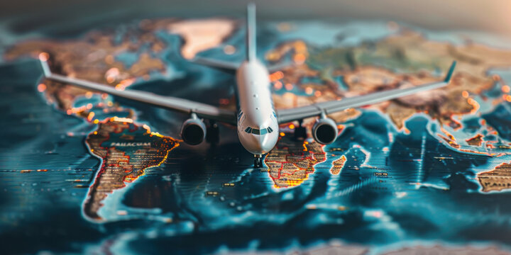 Model airplane placed on a world map, symbolizing global travel and international connectivity.