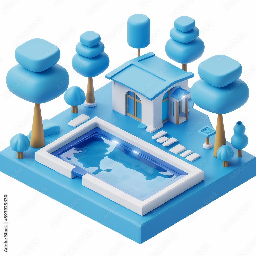 Poster 3d isometric design of modern house with swimming pool and trees in minimalistic style