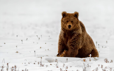 Beautiful little flowers and plants on the snowy ground and a very handsome brown bear sitting on...