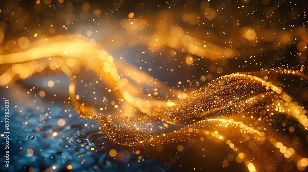 Poster abstract golden glitter wave with bokeh effect.