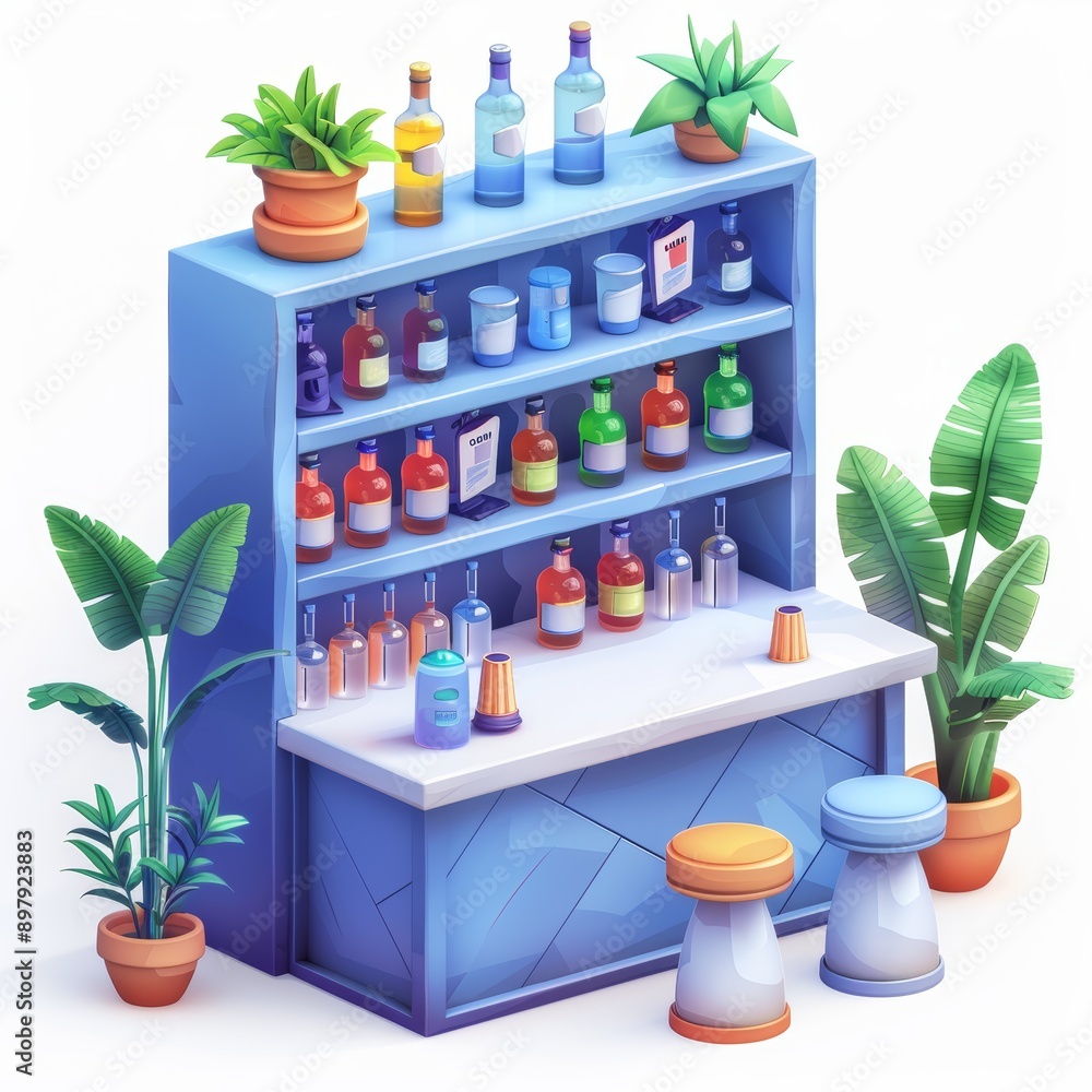 Poster 3d isometric design of a modern bar with colorful bottles, plants, and stools in a stylish setting