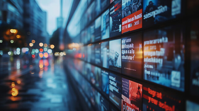 City Street Wall of Digital Advertising Signs at Night