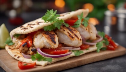 front view chicken lula kebab on pita bread with tomato and grilled pepper with onions and herbs