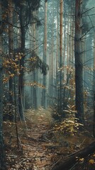 Fototapeta premium Forest trees with damaged leaves and bark from acid rain