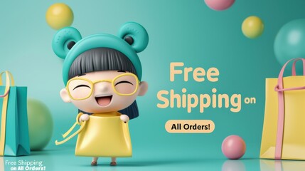 Fototapeta premium Cute cartoon character holding shopping bag enjoying free shipping for online orders