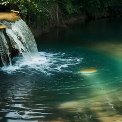 Illustrate a tranquil waterfall cascading into a serene pool. Emphasize the gentle splash and the ripples extending outward. Include lushgreenery and possibly a rainbow formed by the mist