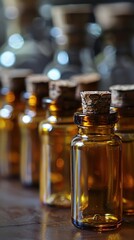 Close-up of vintage amber bottles with cork stoppers, perfect for essential oils or herbal remedies, showcasing natural beauty.