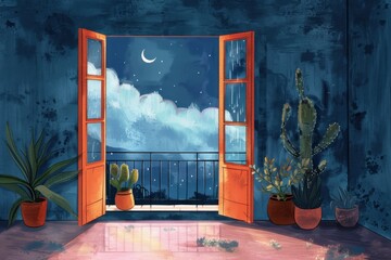 A hand-drawn view from an apartment window with a cloudy sky, crescent moon, cacti, pastel pink walls, orange door, concrete floor, dark blue wall, calming vibe.






