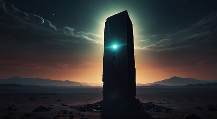 A mysterious illustration of an alien monolith standing tall in a desolate extraterrestrial landscape, emitting a strange glow, with space for text.