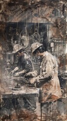 Fototapeta premium Two industrial workers engaged in hands-on tasks, showcasing teamwork and craftsmanship in a gritty workshop environment.